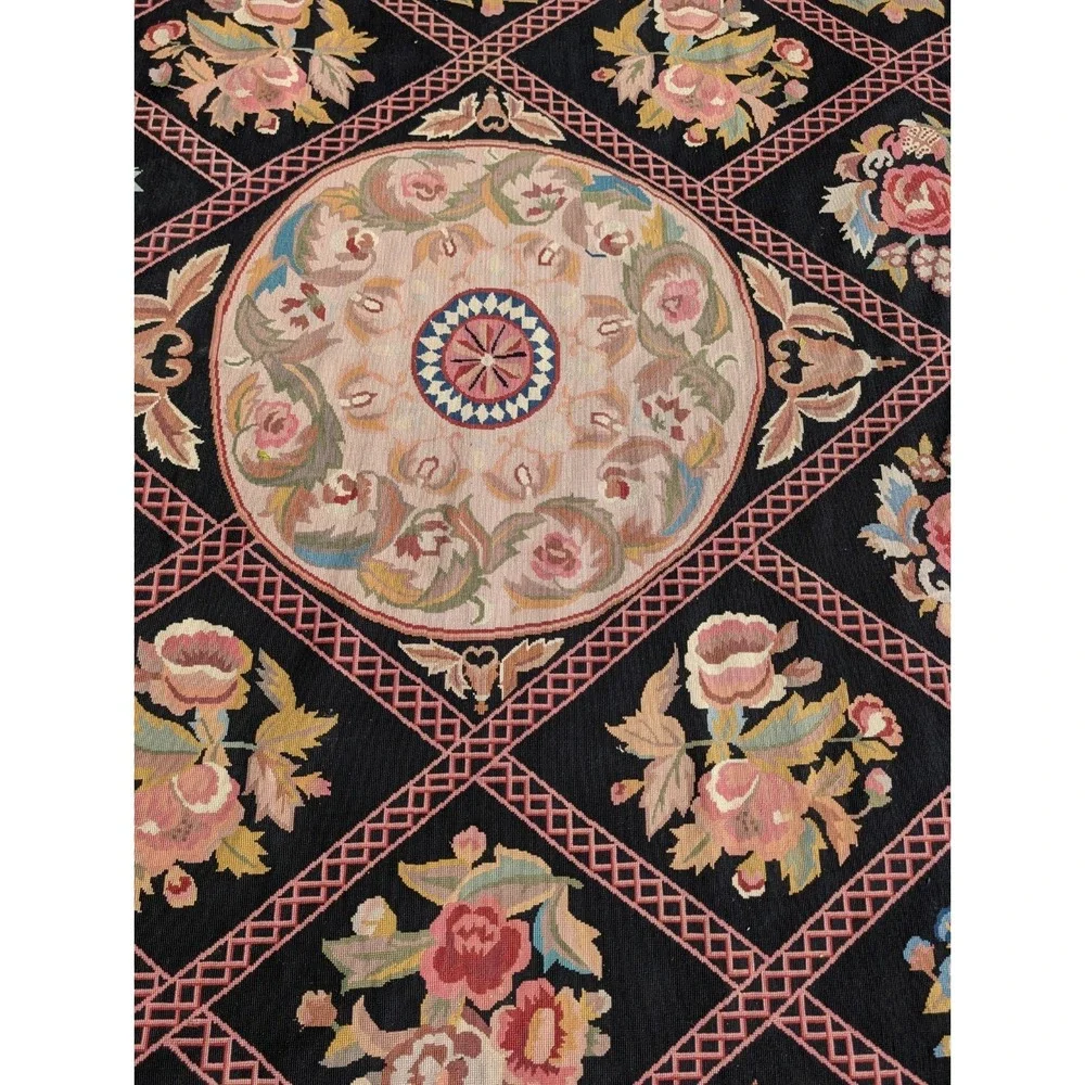 Antique  Aubusson Style Needlepoint Floral  Rug Carpet 13.6 X 9.9 Feet. Estate